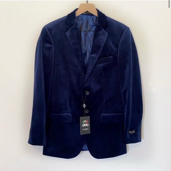 NWT Tazio Navy Velvet Notch Lapel Tuxedo Jacket Blazer Fully Lined size 38 - Picture 3 of 12